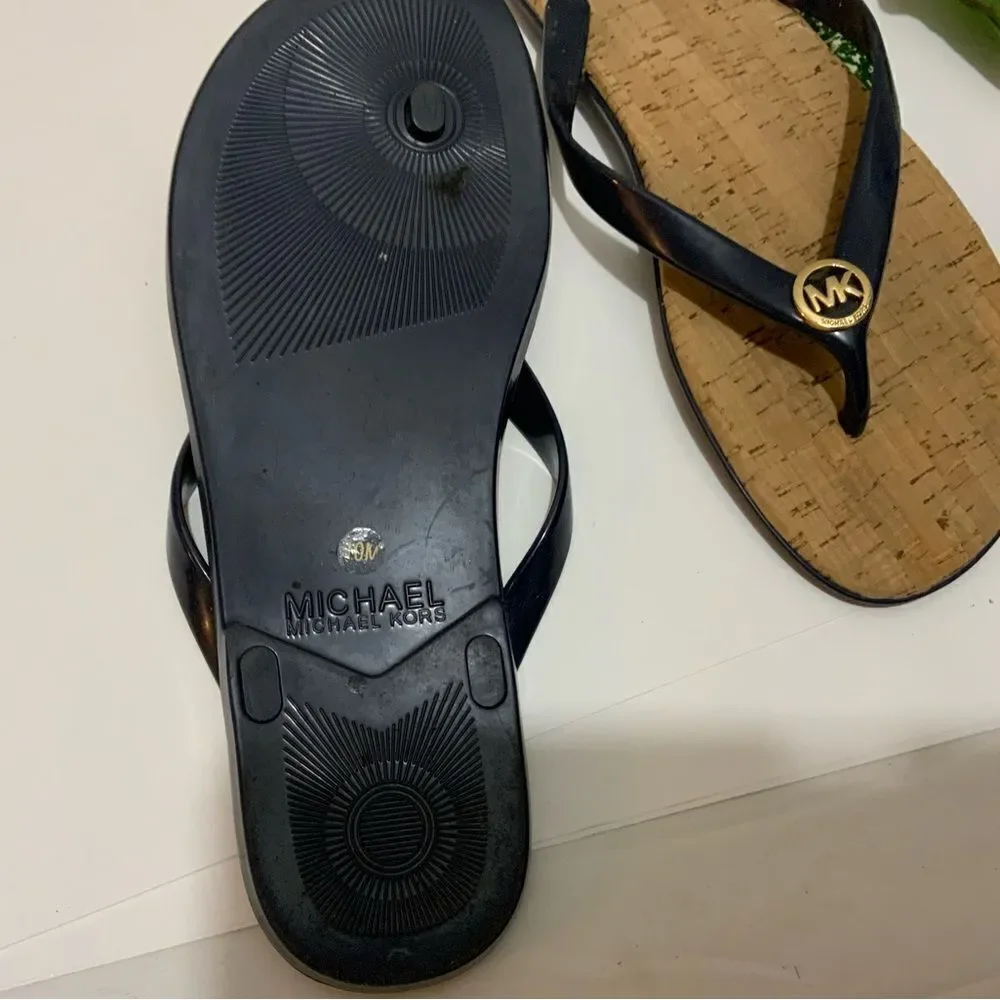 Michael Kors Cork Sandals MK Logo Navy PVC Thong Jet Set Flip Flops Sz. 10